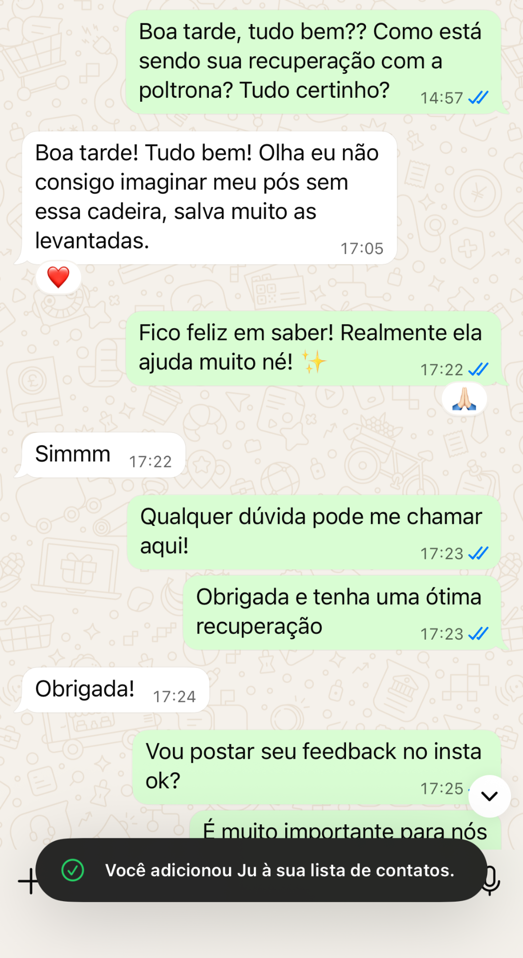 Feedback de Ju no WhatsApp